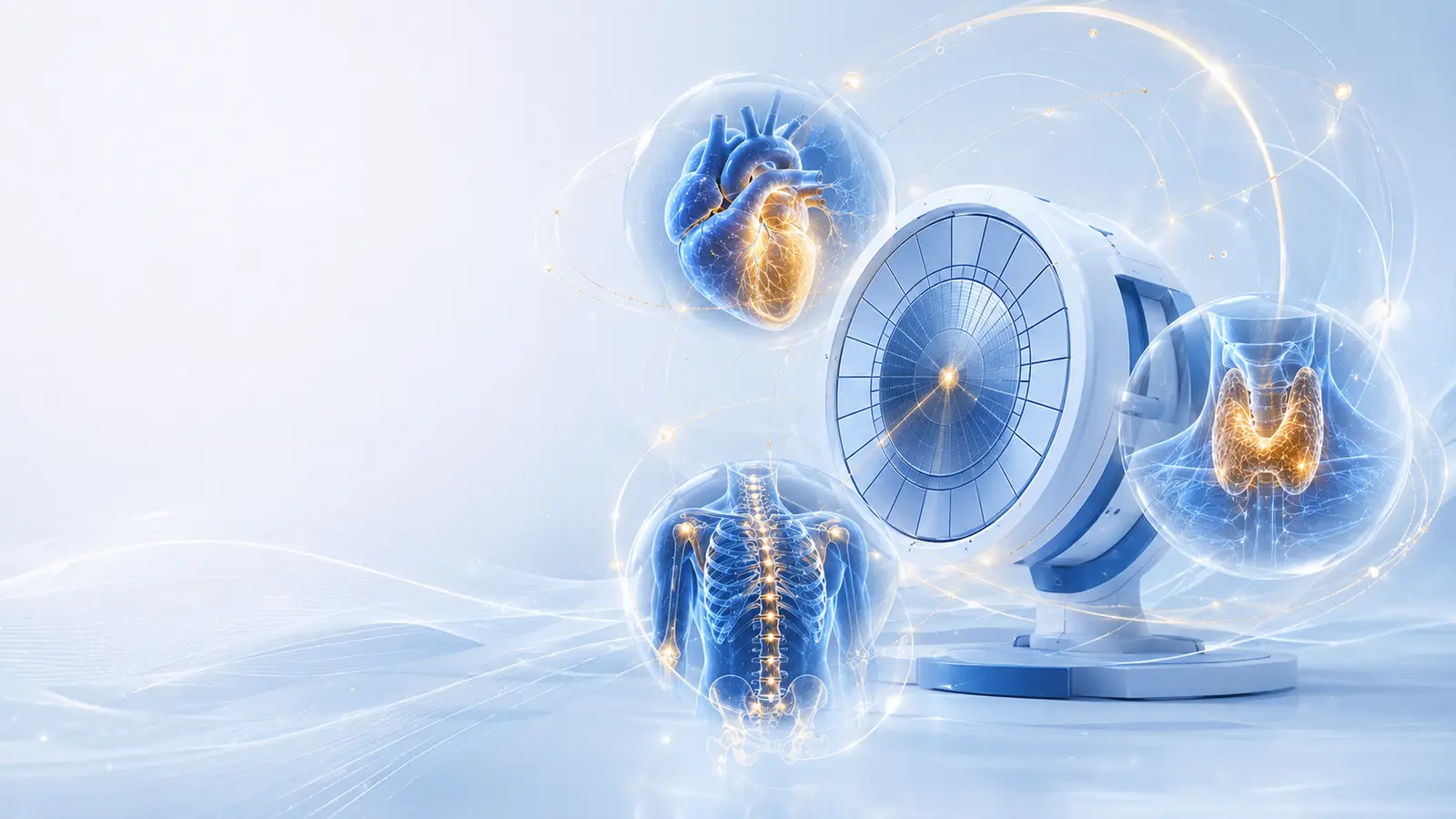 Stilisierte Übersicht nuklearmedizinischer Diagnostik mit Herz, Schilddrüse, Skelett und Gammakamera